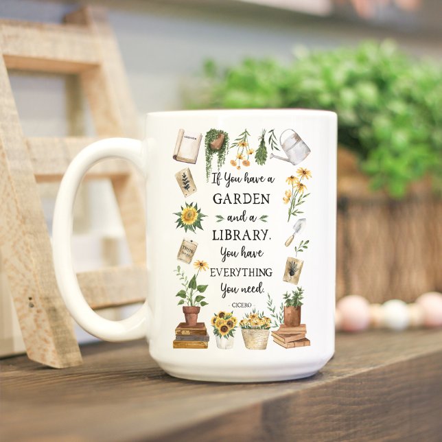 Caneca De Café Jardinagem e Biblioteca Citação Girassol e Plantas (Lifestyle photo)