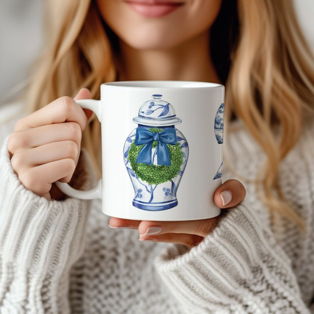 Caneca De Café Jarra de Gengibre de Natal com Laço em Chinoiserie (Chinoiserie Ginger Jar Christmas Mug)