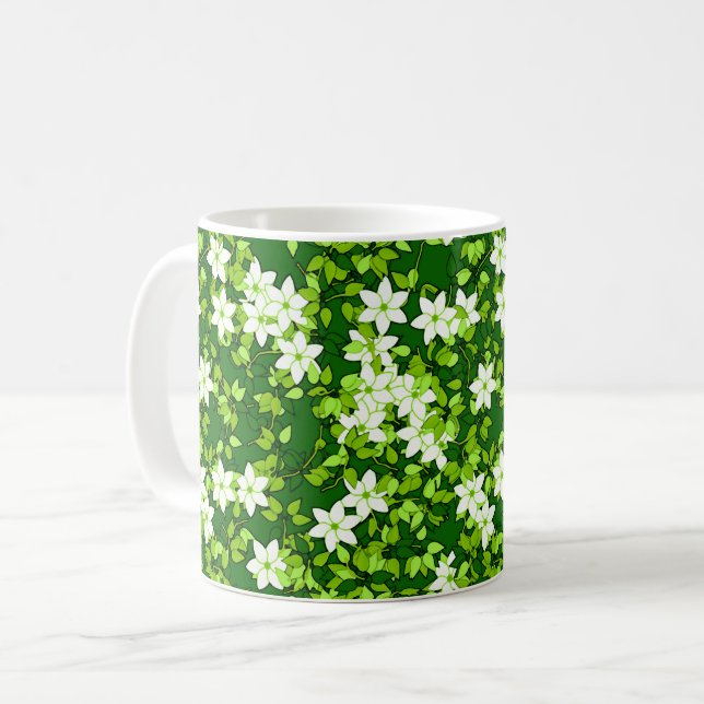Caneca De Café Jasmine Branca Entre Folhas Verdes (Frente Esquerda)