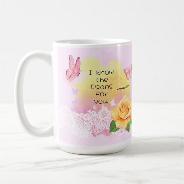 Caneca De Café Jeremiah 29:11 Bíblia Verso Borboleta Amarela Rosa (Esquerda)
