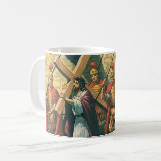 Caneca De Café Jesus Cristo Carregando a cruz para sua crucificaç (Frente Esquerda)