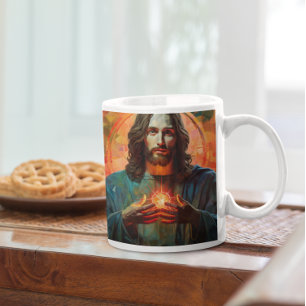 Caneca De Café Jesus Cristo com Coração Brilhante versão 8