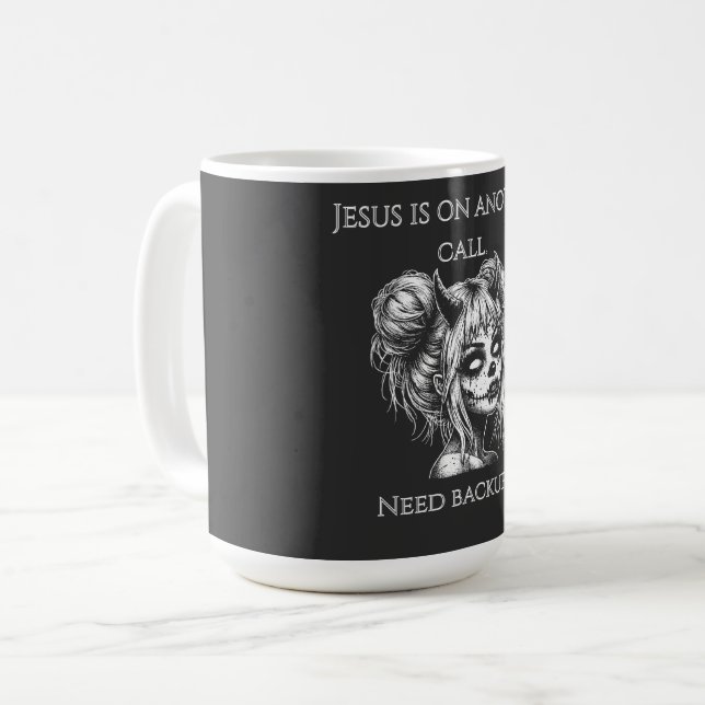 Caneca De Café Jesus Is on Another Phone – Succubus Backup (Frente Esquerda)