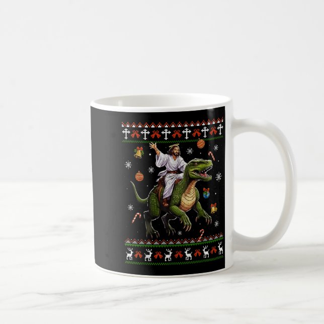 Caneca De Café Jesus Montado em Dinossauro Meme Engraçado Suéter  (Direita)