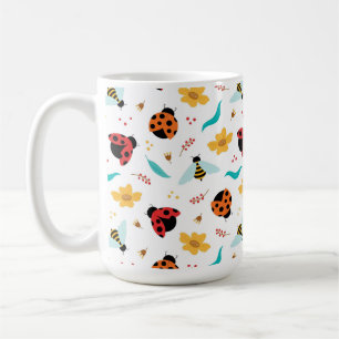 Caneca De Café Joaninhas e Abelhas Coloridas em um Floral