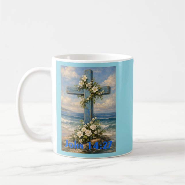 Caneca De Café John 14:27 Beach Cross Throw Pillow (Esquerda)