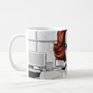 Caneca De Café Jovem Ruiva Bela no Escritório