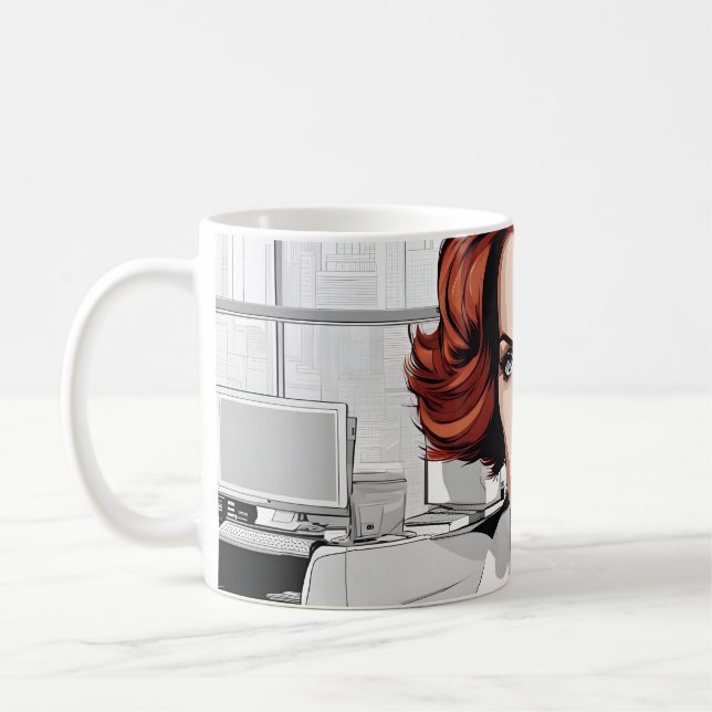 Caneca De Café Jovem Ruiva Bela no Escritório (Esquerda)