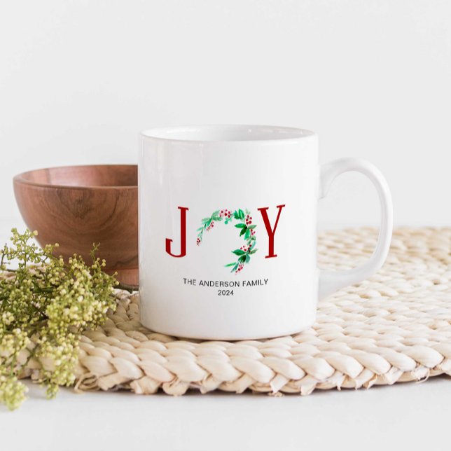 Caneca De Café Joy Christmas Wreath Holiday Watercolor Elegante (Criador carregado)