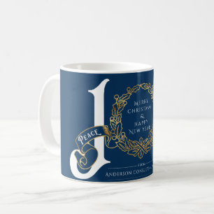 Caneca De Café Joy Peace Love Blue Dourado Presente de Natal Corp
