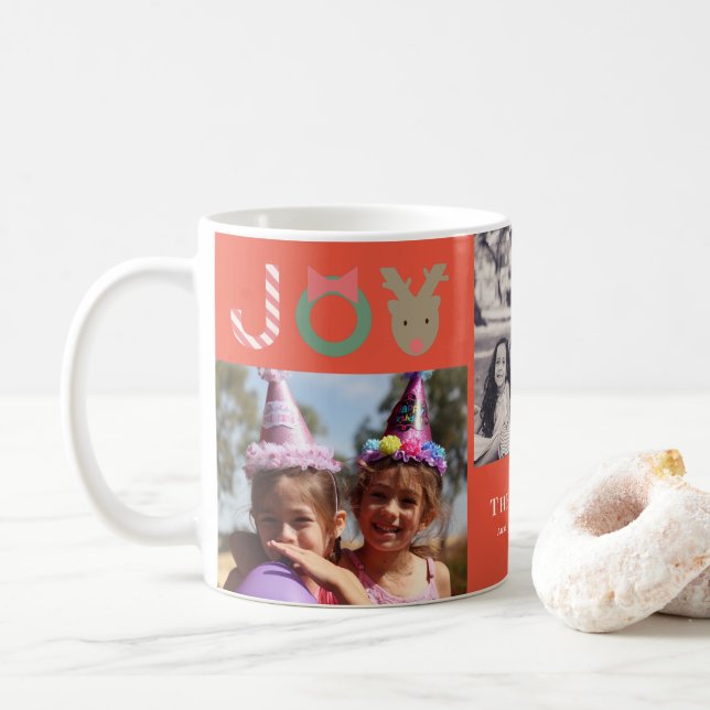 Caneca De Café JOY Reindeer 3 Foto Colagem Natal Vermelho (Com Donut)