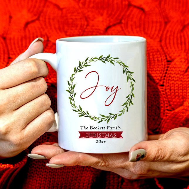 Caneca De Café Joy Typography Script Christmas Wreath Holiday (Criador carregado)