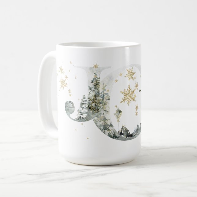 Caneca De Café Joy Winter Forest Lettering Dourados Flocos de Nev (Frente Esquerda)