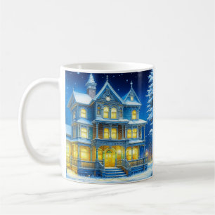 Caneca De Café Joyeux Noël Bonito Casa Azul de Natal