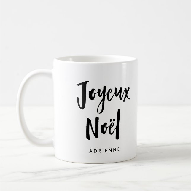 Caneca De Café Joyeux Noel | Script manuscrito preto e branco (Esquerda)
