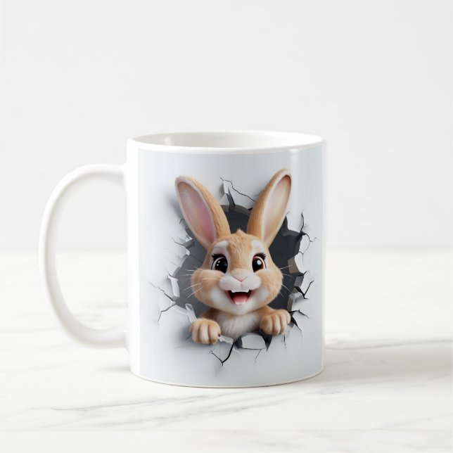 Caneca De Café Joyful Cartoon Bunny Breaking Through Jagged Hole (Esquerda)