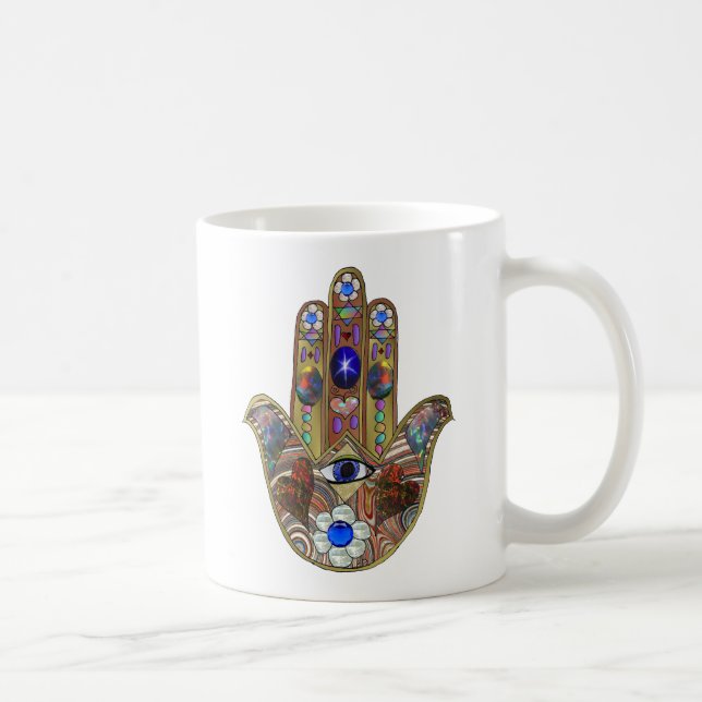 Caneca De Café Judaica Hamsa Hearts Flowers Opal Art Impressão (Direita)