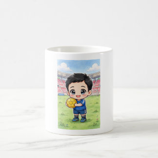 Caneca De Café Jugador de futbol Kawaii Chibi con Pelota Amarilla