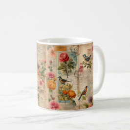 Caneca De Café Junk Journal Seite mit Blumen + Vögeln -