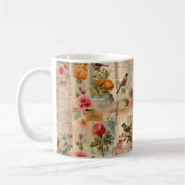Caneca De Café Junk Journal Seite mit Blumen + Vögeln -