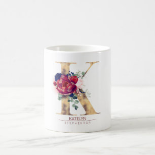 Caneca De Café K Monograma Floral Vermelho e Marinho Azul
