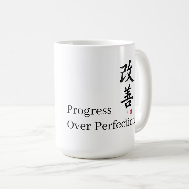 Caneca De Café Kaizen: Progresso em vez de Perfeição (Frente Esquerda)