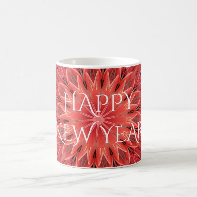 Caneca De Café Kaleidoscope Design Red Flower Feliz ano novo Text (Centro)