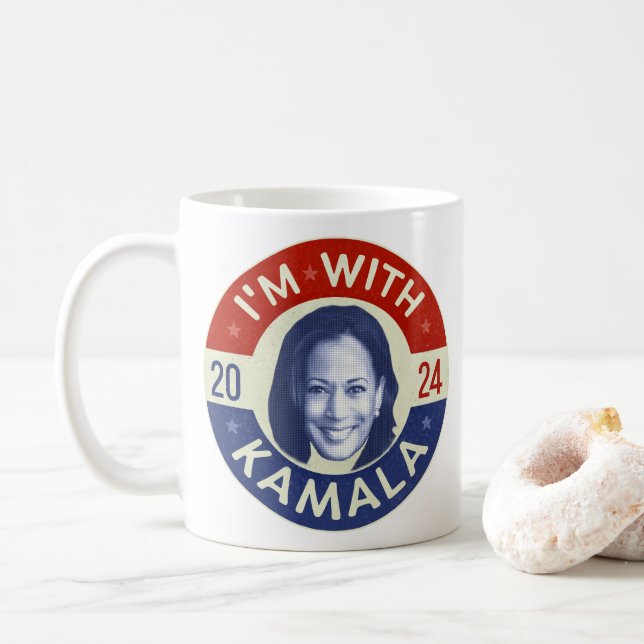 Caneca De Café Kamala Harris Presidente 2024 Foto Retro Democrata (Com Donut)