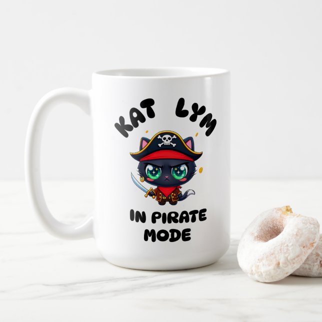 Caneca De Café Kat Lym Cute Black Cat Pirate Art (Com Donut)