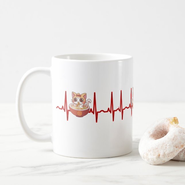 Caneca De Café Kawaii Anime Cat Ramen Noodles Otaku EKG Heartbeat (Com Donut)