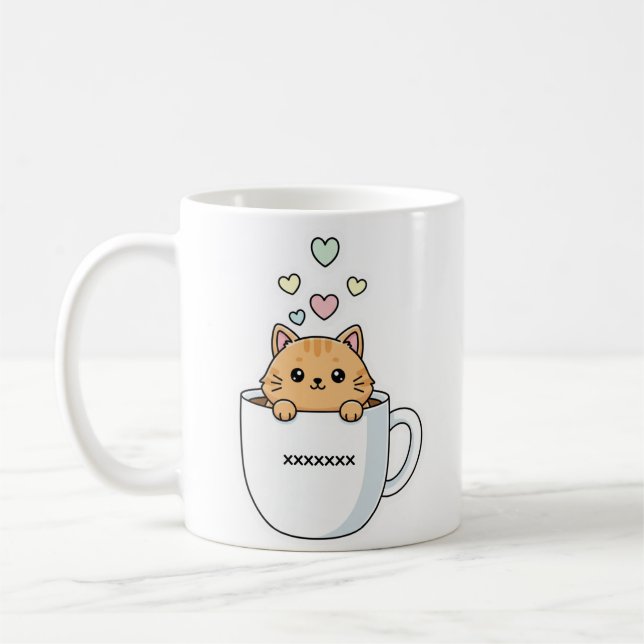 Caneca De Café Kawaii Cat & Coffee Hearts Illustration (Esquerda)