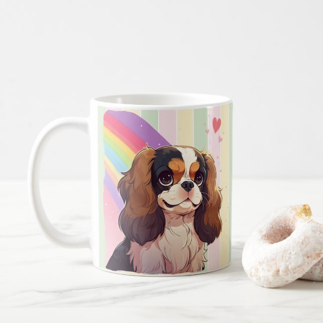 Caneca De Café Kawaii Cavalier King Charles Pastel Rainbow (Com Donut)
