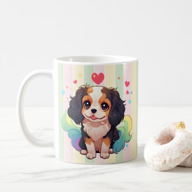 Caneca De Café Kawaii Cavalier King Charles Pastel Rainbow Tail (Com Donut)