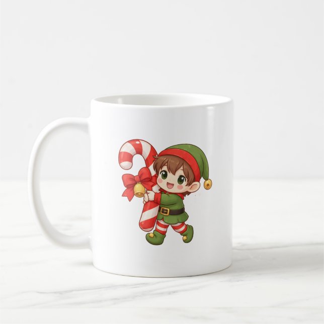 Caneca De Café Kawaii Christmas Elf Mug with Candy Cane (Esquerda)