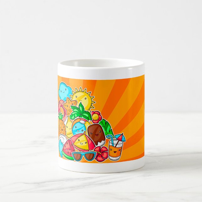 Caneca De Café Kawaii Desenhos de Verão Sol Praia e Tropical (Criador carregado)