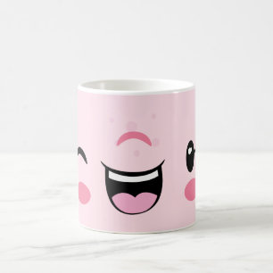 Caneca De Café Kawaii Face Mug, Rosa, Piscando