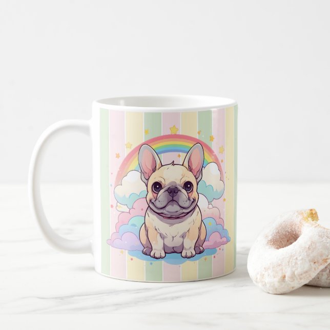 Caneca De Café Kawaii French Bulldog Rainbow Clouds (Com Donut)