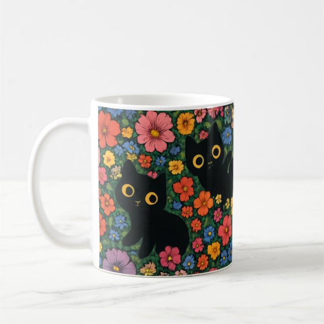 Caneca De Café Kawaii Garden Art | Cute Black Cat Floral Pattern (Esquerda)