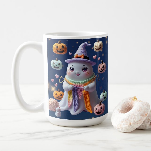Caneca De Café Kawaii Ghost Knitting Mug - Bonito presente de Hal (Com Donut)