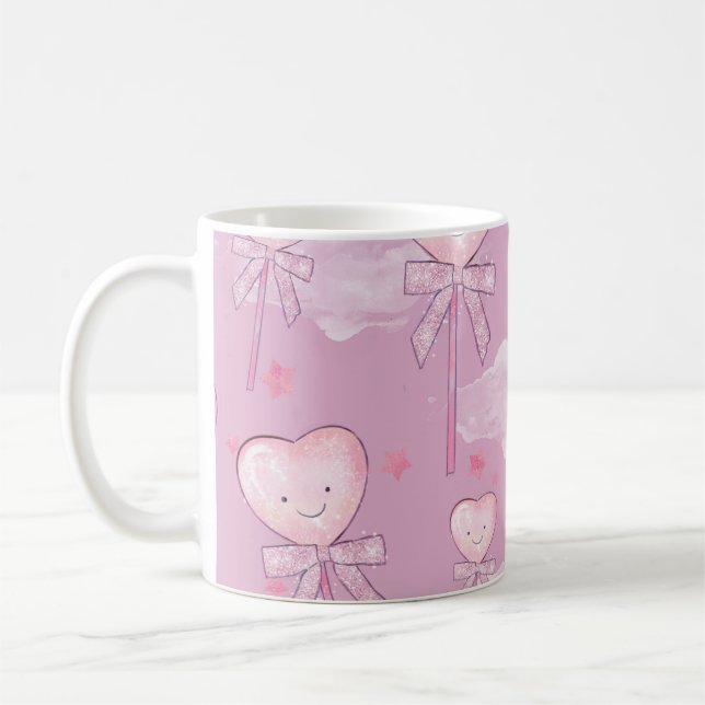 Caneca De Café Kawaii Heart Lollipop Patterno - Púrpura Pastel (Esquerda)