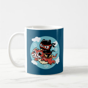 Caneca De Café Kawaii Ninja Cat Andando um Dragão Vermelho