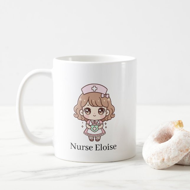 Caneca De Café Kawaii Nurse Mug – Pastel Cute Chibi Nurse Coffee  (Com Donut)