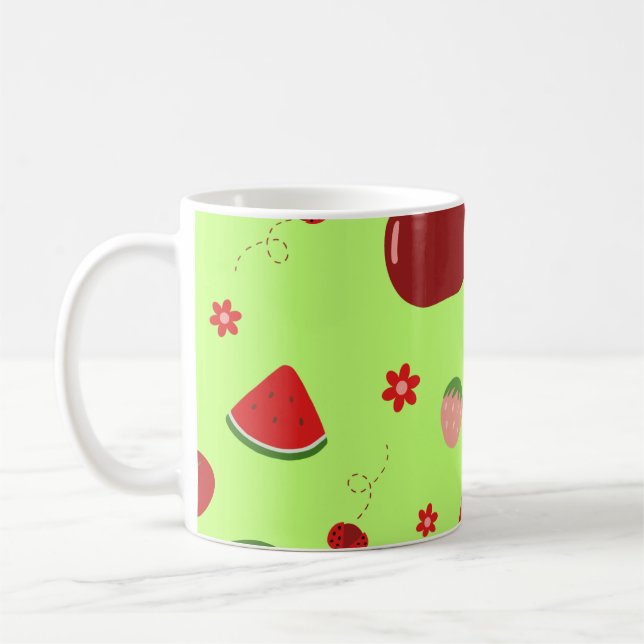 Caneca De Café Kawaii Red Fruits Pattern in Lime Green (Esquerda)