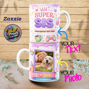 Caneca De Café Kawaii "Super Irmã" Jogos & Colagem de Fotos de Un