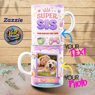 Caneca De Café Kawaii "Super Irmã" Jogos & Colagem de Fotos de Un