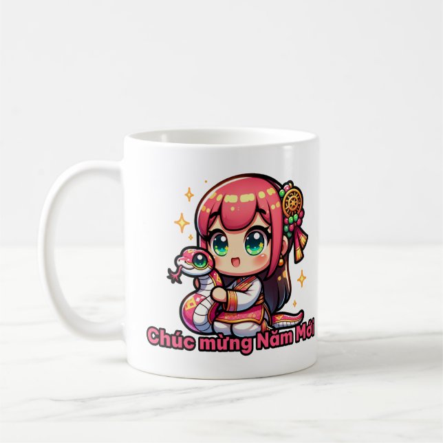 Caneca De Café Kawaii, vietnamita de ano novo, garota e Cobra (Esquerda)