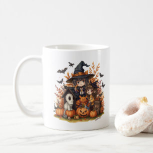 Caneca De Café Kawaii Witches with Ghost Puppy and Pumpkins