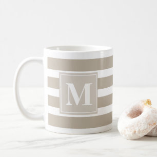 Caneca De Café Khaki moderno e Stripe Branca com Monograma