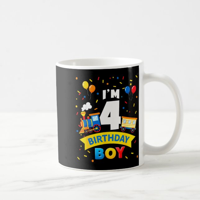 Caneca De Café Kids 4th Birthday Boy Train Four 4 Year Old Birthd (Direita)