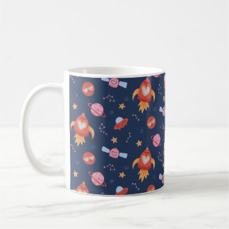 Caneca De Café Kids Space Pattern with Rockets & Planets
